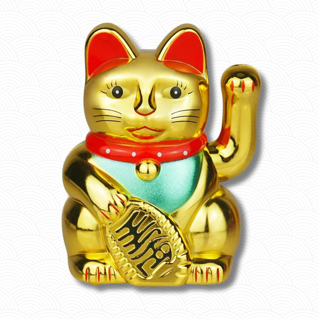 Chat porte bonheur solaire doré "Faîtes entrez la chance"