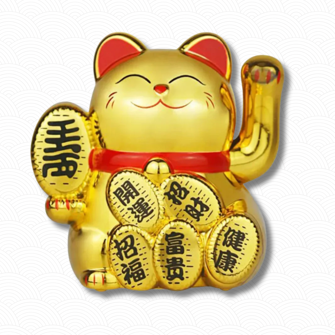 Chat porte bonheur solaire doré "Plein de richesse"
