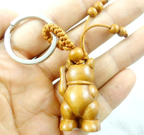 Porte-clef Maneki Neko en bois (clair)