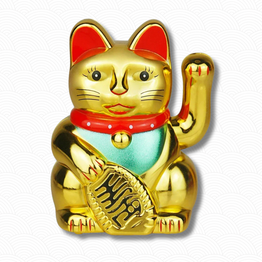 Chat porte bonheur solaire doré "Faîtes entrez la chance"