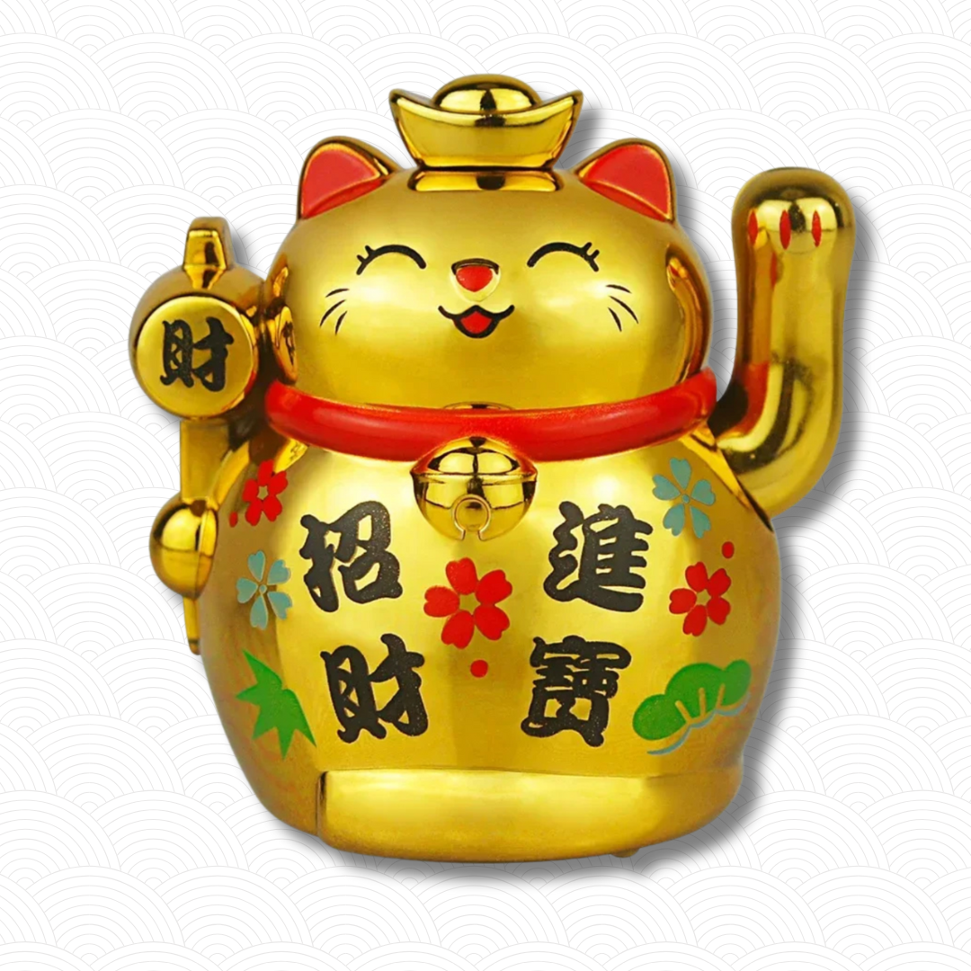 Chat porte bonheur solaire doré "Portez-vous bien"