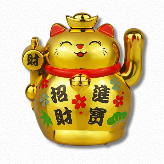 Chat porte bonheur solaire doré "Portez-vous bien"