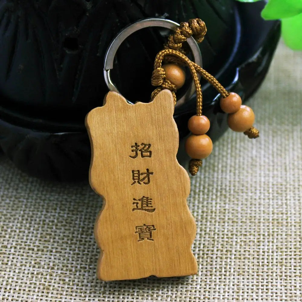 Porte-clef Maneki Neko en bois (foncé)