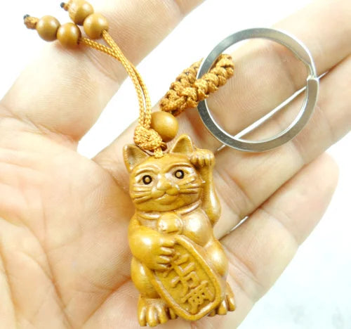 Porte-clef Maneki Neko en bois (clair)