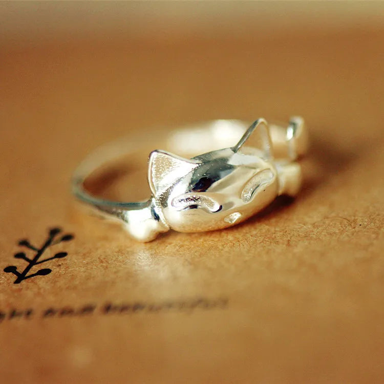 Bague pour femme chat chanceux en Argent 925 Stirling