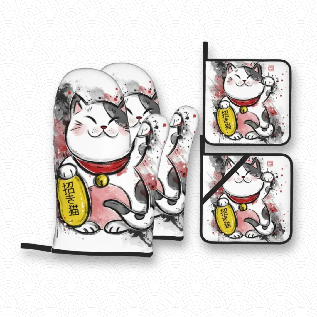 Manique de cuisine Maneki Neko blanc "Abondance"