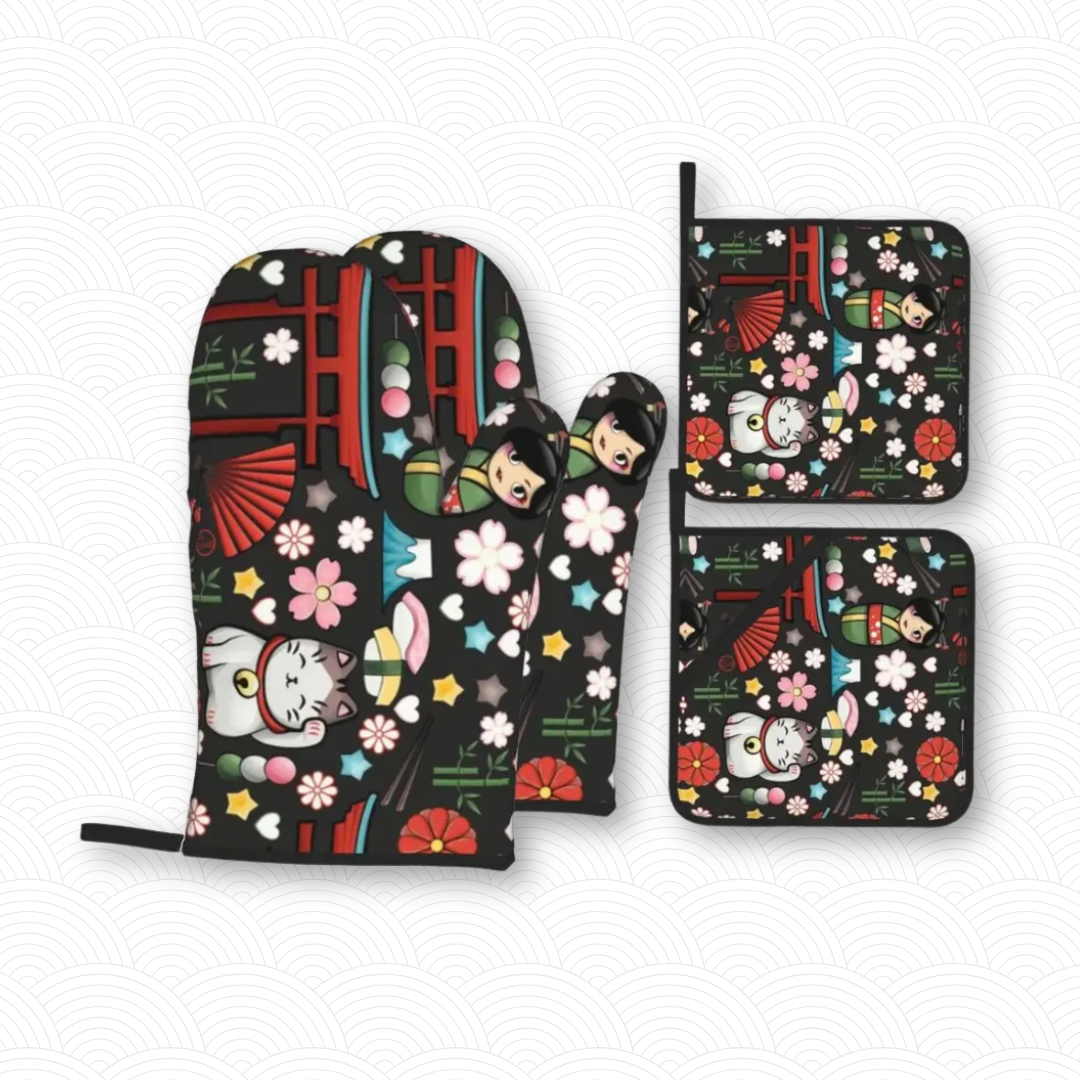 Manique de cuisine Maneki Neko noir "Japon"