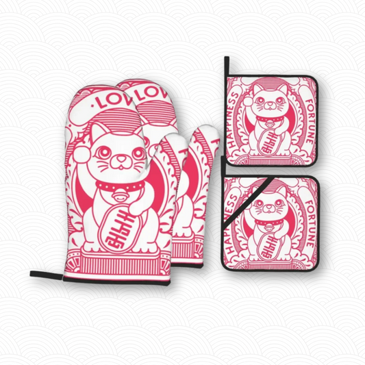 Manique de cuisine Maneki Neko rouge "Bonheur"