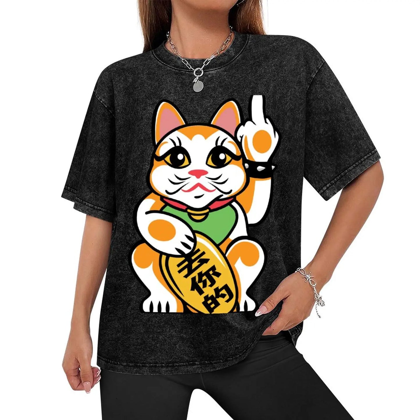 T-shirt Maneki Neko doigt d'honneur noir