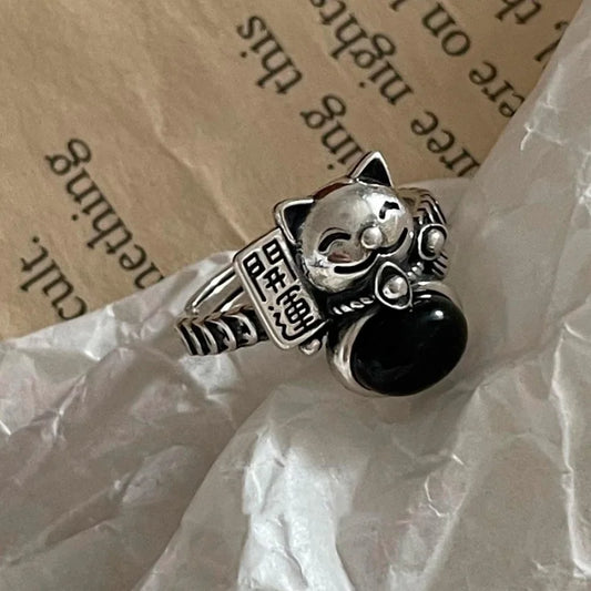 Bague femme vintage Maneki Neko Argent 925 Sterling
