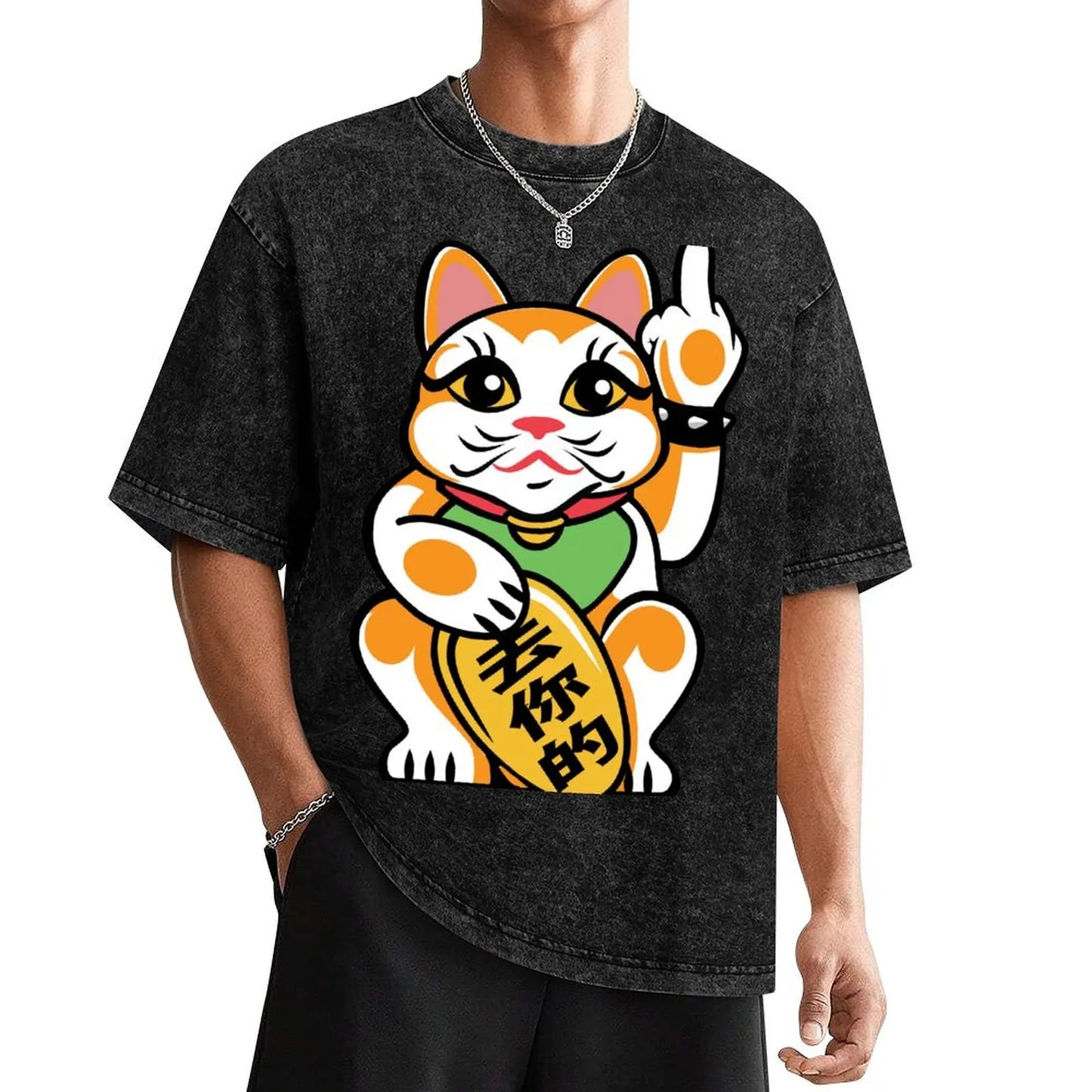 T-shirt Maneki Neko doigt d'honneur noir