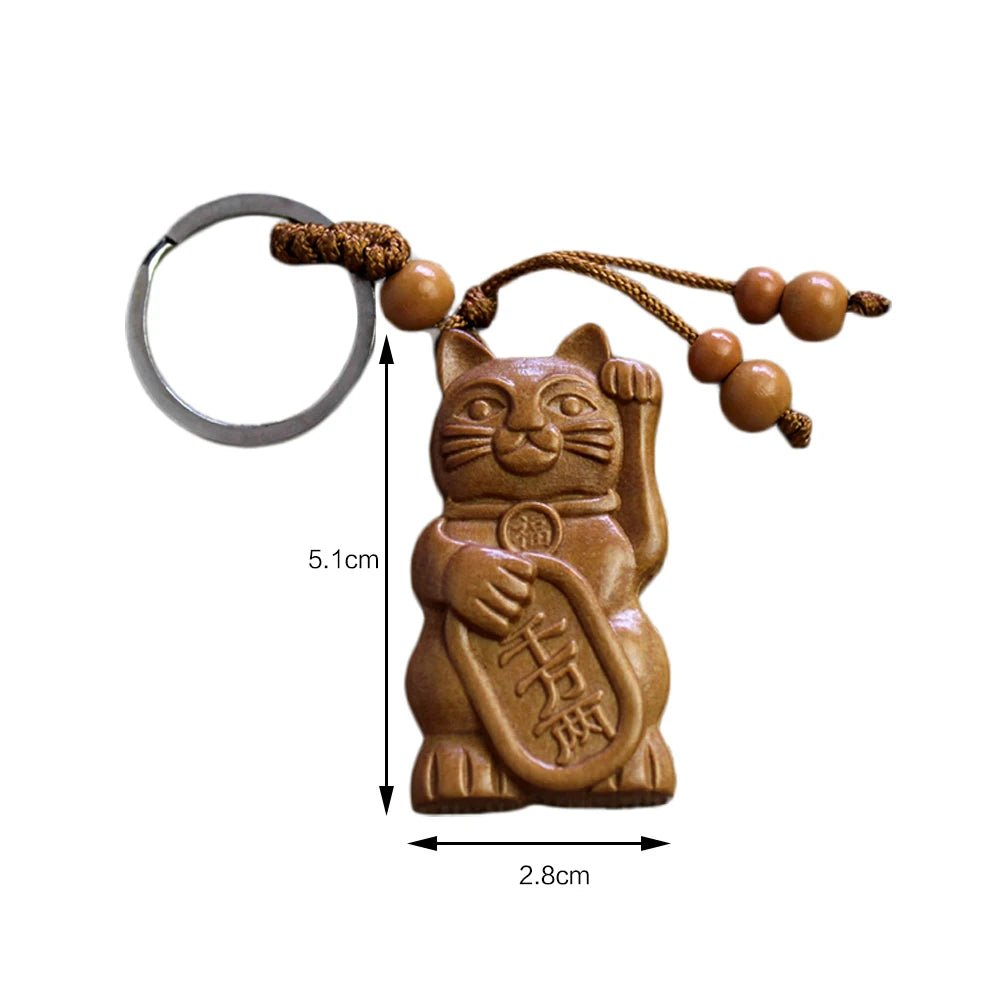 Porte-clef Maneki Neko en bois (foncé)