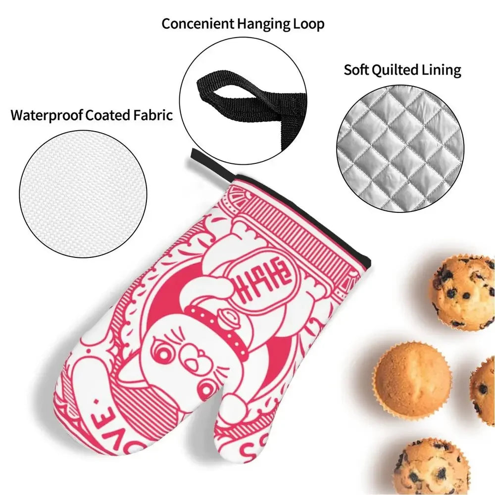 Manique de cuisine Maneki Neko rouge "Bonheur"