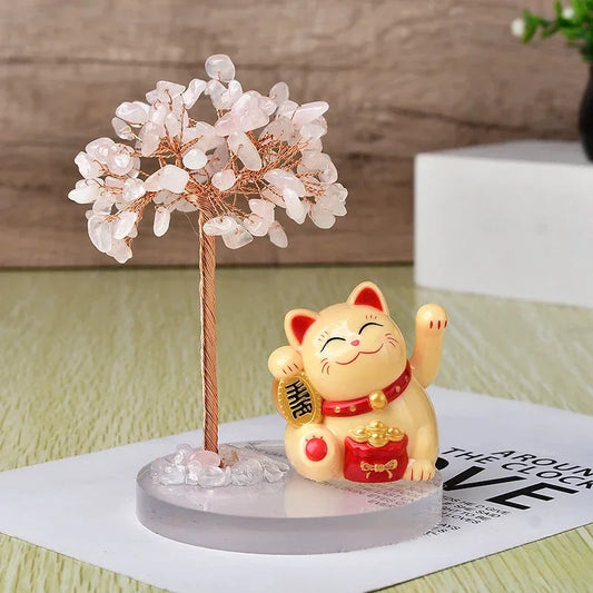 Maneki Neko et son arbre de vie "Cristal rose"