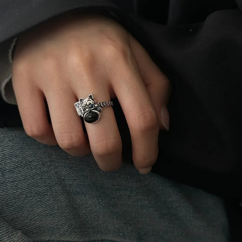 Bague femme vintage Maneki Neko Argent 925 Sterling