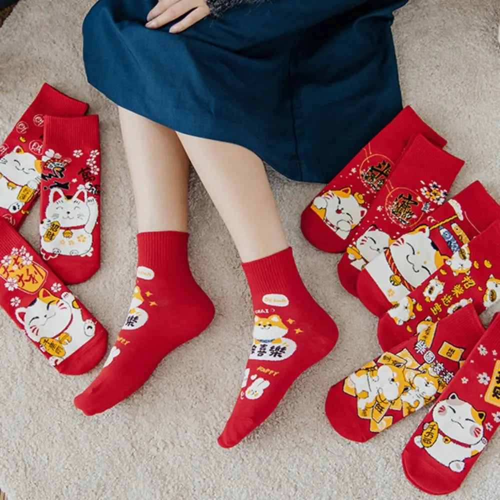 Chaussettes Maneki Neko rouge "Joie"