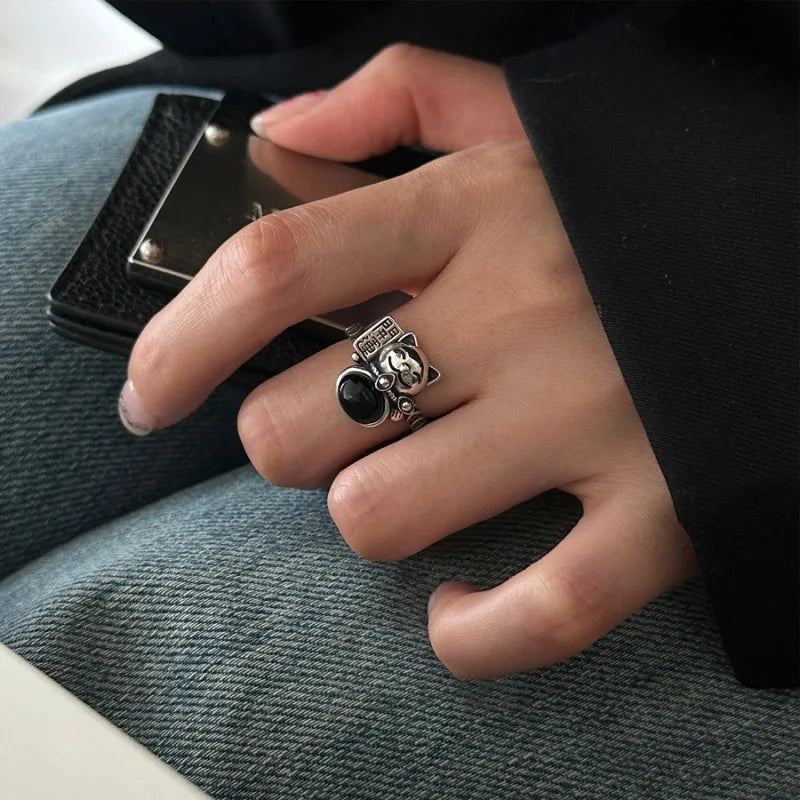 Bague femme vintage Maneki Neko Argent 925 Sterling