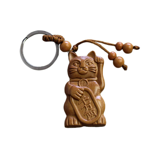 Porte-clef Maneki Neko en bois (foncé)