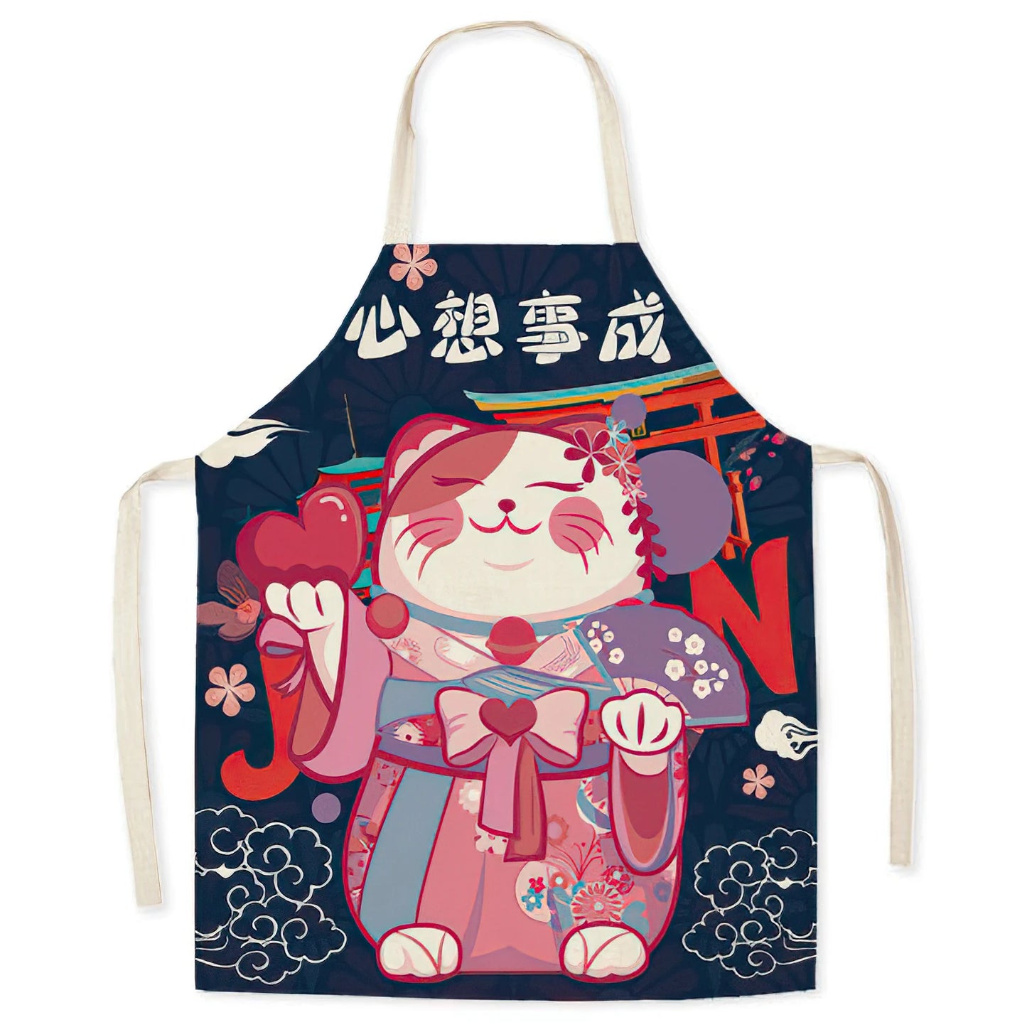 Tablier de cuisine Maneki Neko Kawaï fleurs