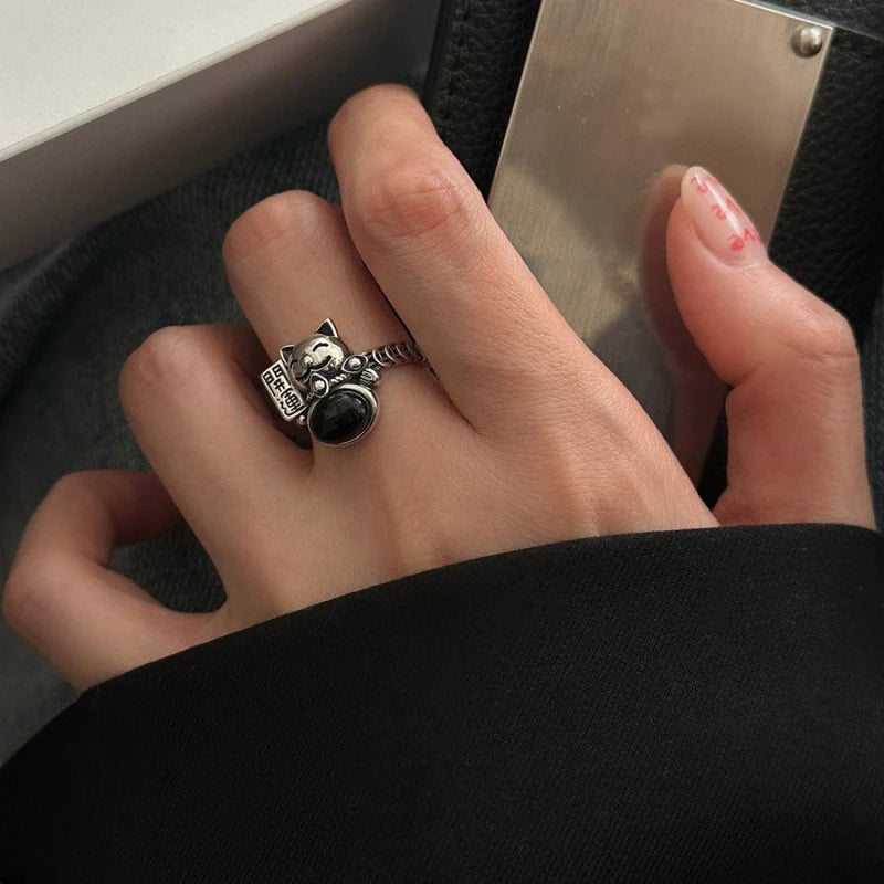 Bague femme vintage Maneki Neko Argent 925 Sterling