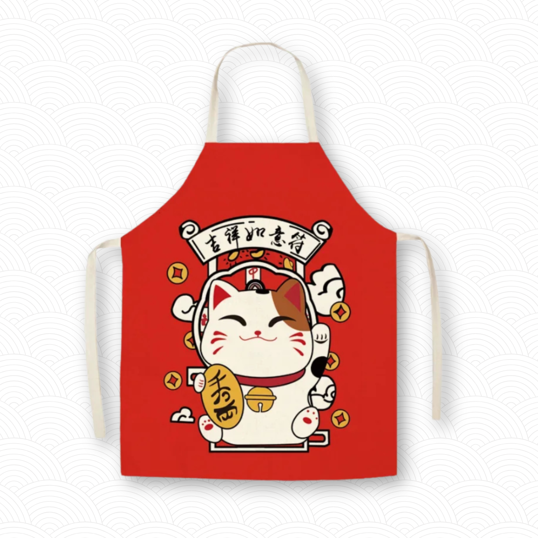 Tablier chat chanceux rouge