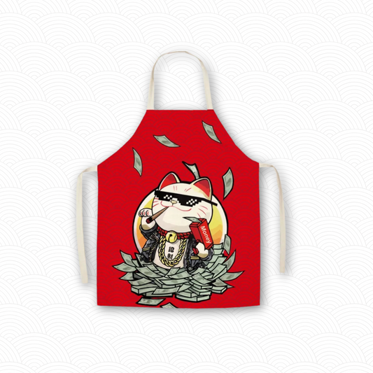 Tablier de cuisine Maneki Neko "Richesse" rouge