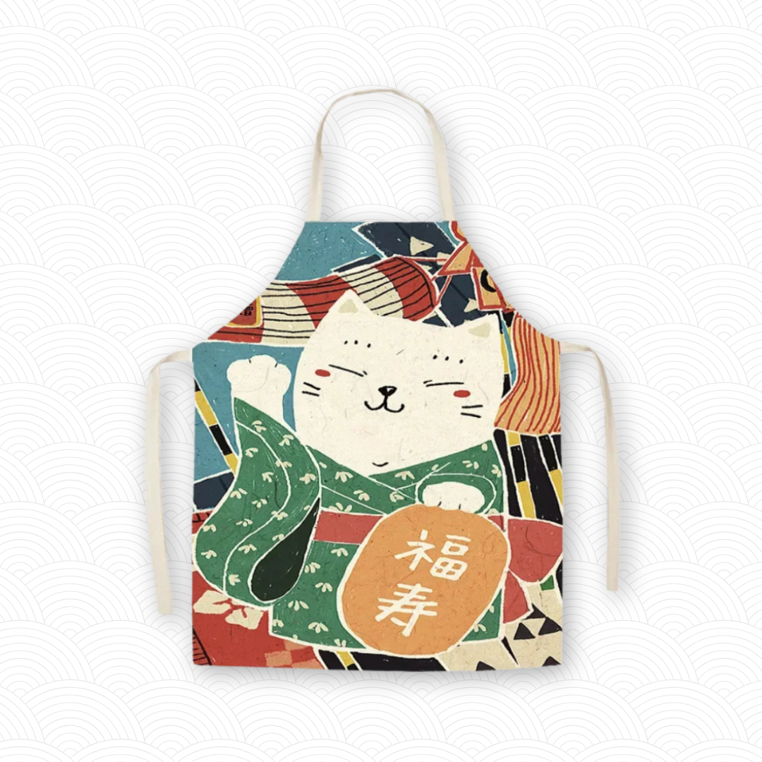 Tablier de cuisine Maneki Neko "Yukata" vert