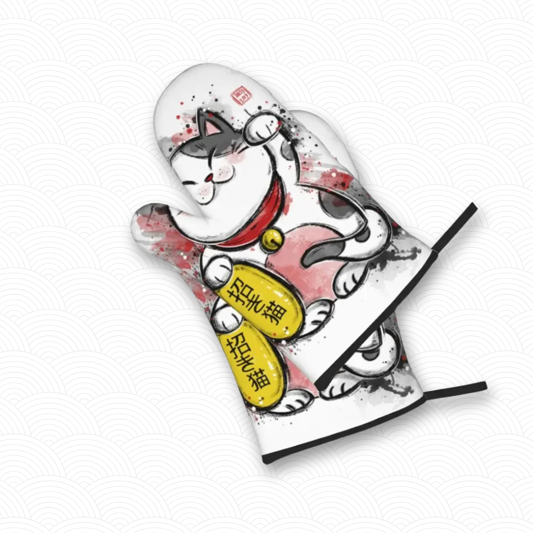 Manique de cuisine Maneki Neko blanc "Abondance"