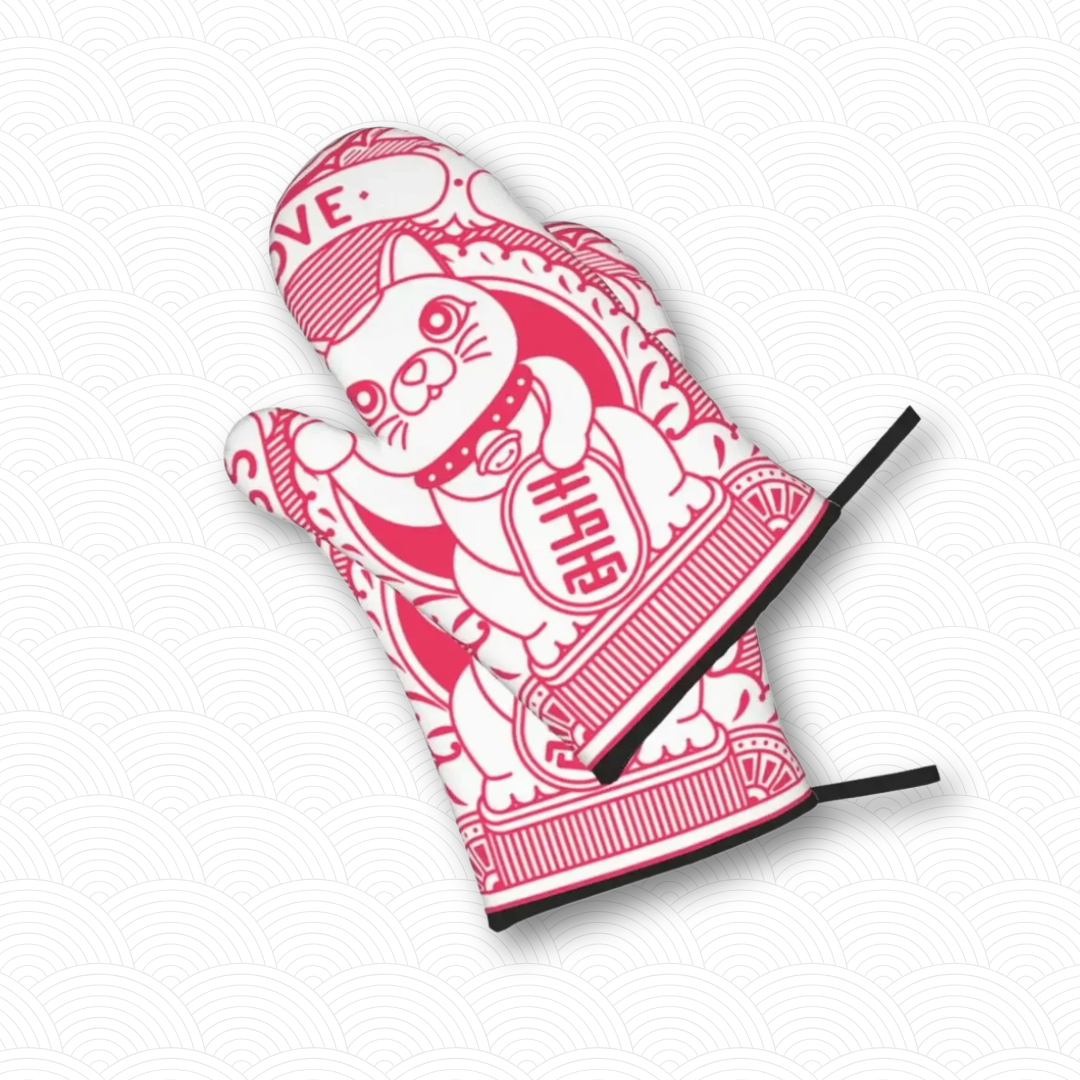 Manique de cuisine Maneki Neko rouge "Bonheur"